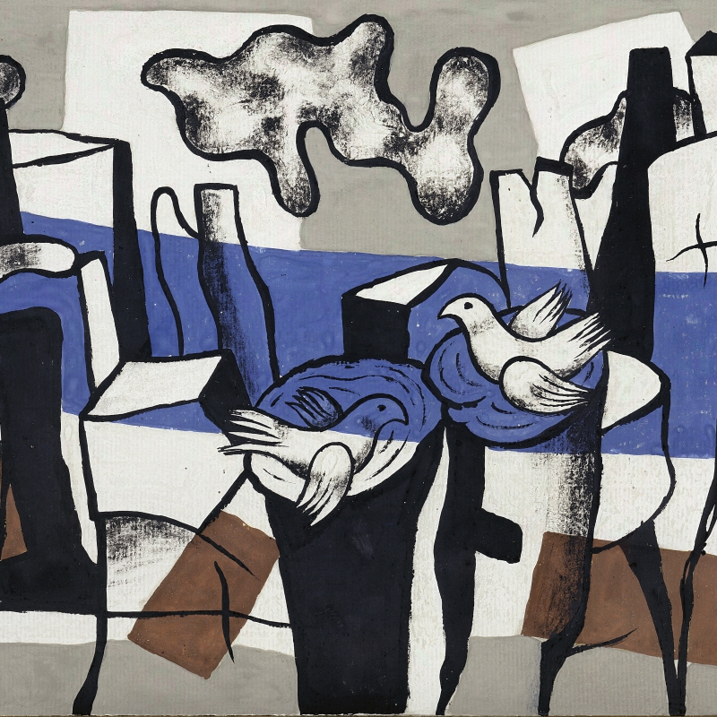 Abstrakte Komposition mit Vögeln, geometrischen Formen und Wolken in Blau, Schwarz und Erdtönen.