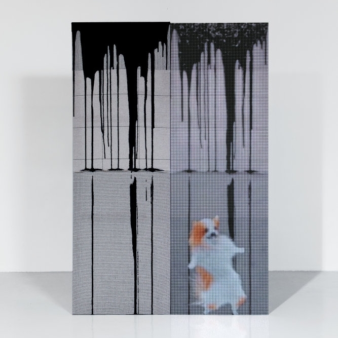 Abstract artwork featuring two panels with dripping black and gray patterns, and a blurred figure in white and orange.