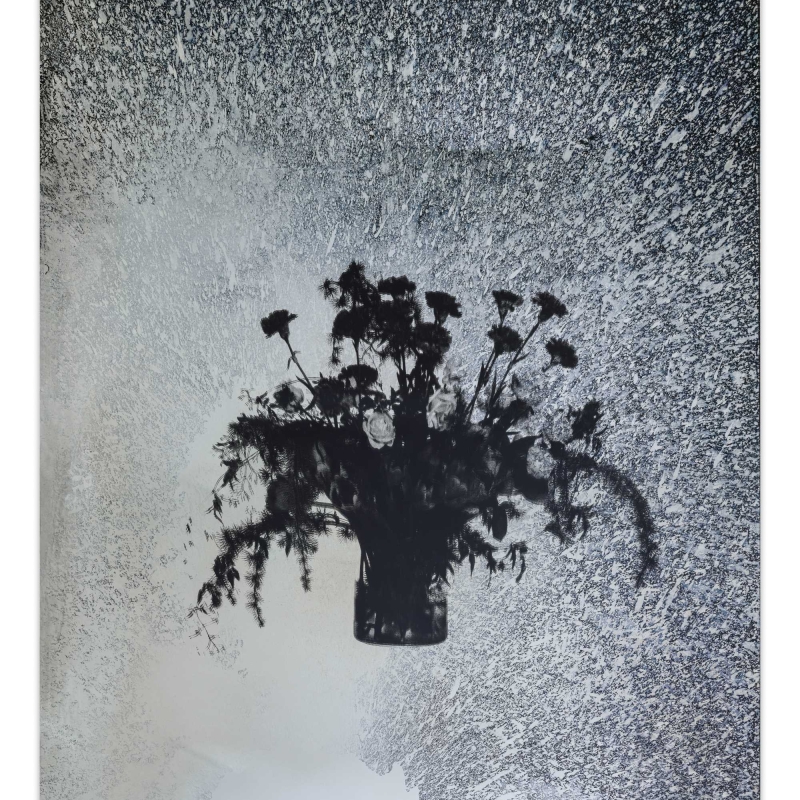 In the picture we see a mirror with a bunch of flowers in the middle.
The edges are dark and speckled, like an old photo or film.
The work of art is by Andreas Duscha.
He made the mirror himself, according to an old recipe from the 17th century.
In the middle you can see an arrangement of flowers - it is a screen print on the mirror surface.
The flowers on the mirror have a deeper meaning:
This bouquet deals with the spread of invasive flower species from North America or Asia that have been introduced to Europe and are displacing native species such as the Canadian goldenrod.
Duscha is interested in hidden stories and connections.
He uses old techniques and special materials,
to make themes such as power, change and history visible in a quiet, poetic way.
This artwork is part of a series of four mirrors,
, which hang in the anteroom of the Heidi Horten Collection museum toilets.
Each mirror tells its own story - through plants and symbols.