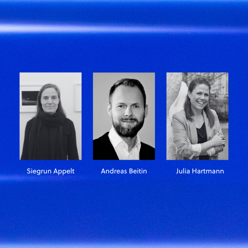 Drei Porträts von Personen vor blauem Hintergrund: Siegrun Appelt, Andreas Beitin und Julia Hartmann.
