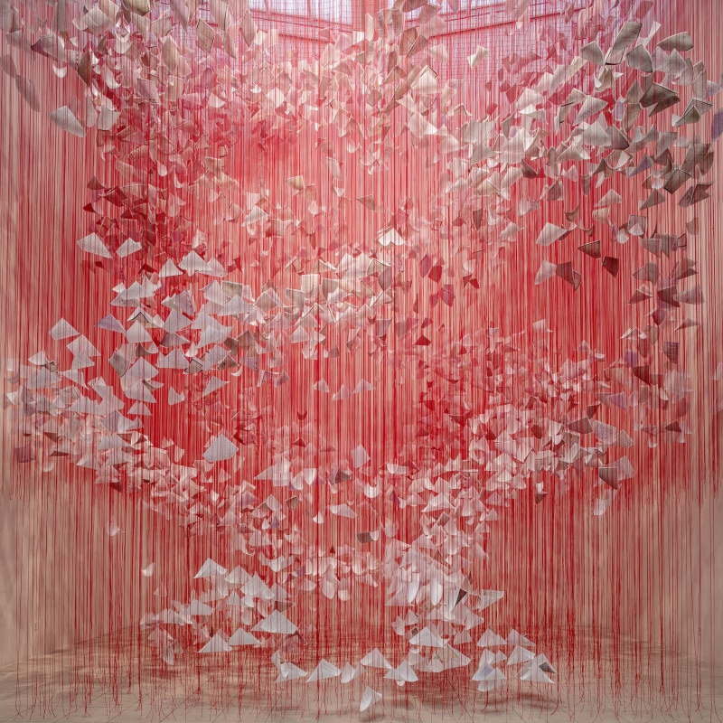 The installation fills an exhibition space with a dense web of bright red threads stretching from the ceiling to the floor. Hundreds of white sheets of paper float within this net - they look like folded letters, loose sheets or small wings. The letters spiral upwards or outwards as if in a movement of air. The red color of the threads dominates the room. The threads are so numerous and dense that from a distance they look like a shimmering curtain that changes the boundaries of the room and creates a walk-in, almost physical experience.