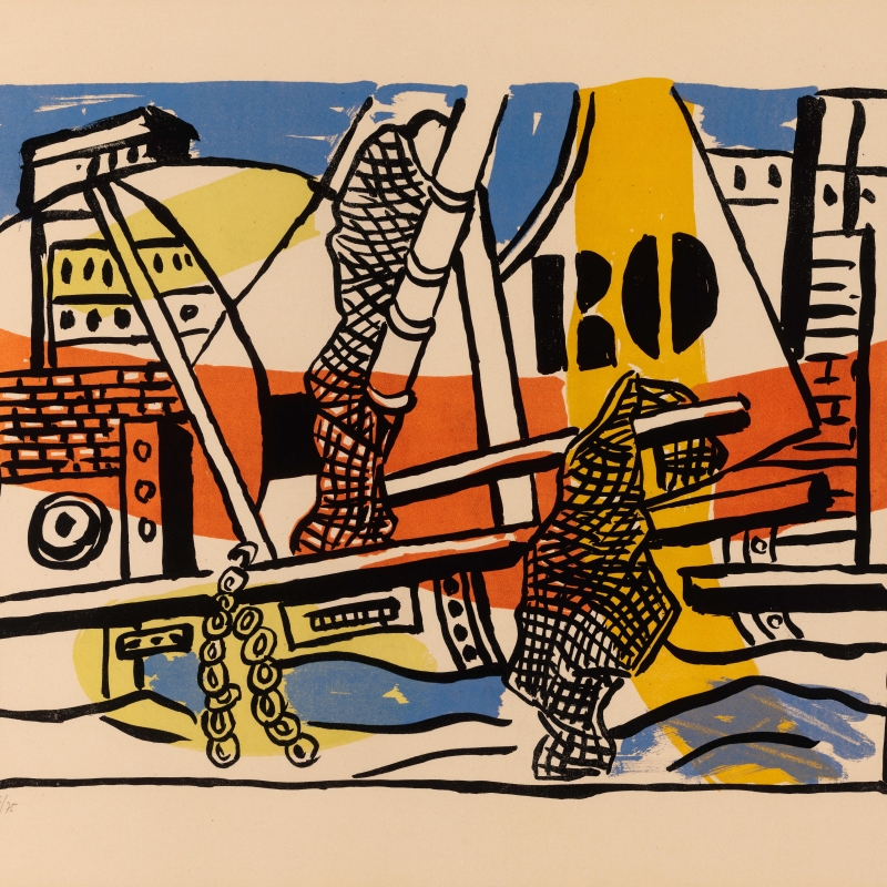 Abstrakte Komposition mit geometrischen Formen, kräftigen Farben und maritimen Elementen wie Schiffsteilen und Ketten.