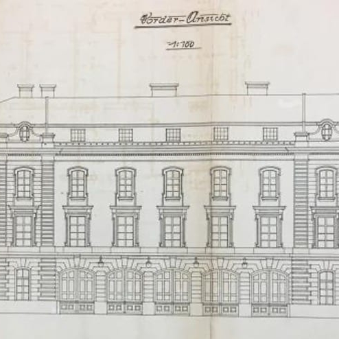 Architectural drawing of a grand building with symmetrical windows, arched doorways, and a detailed roofline.