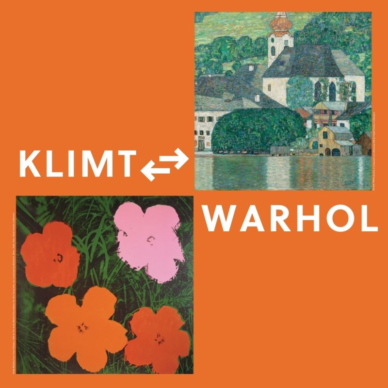 The picture shows a banner for the exhibition “Klimt ⇄ Warhol”.
The background is orange and two works of art can be seen.
At the top right is a picture by Gustav Klimt.
It shows a church by the water, with lots of green trees and old houses.
The work is called “Church in Unterach am Attersee”.
At the bottom left is a picture by Andy Warhol.
It shows four colorful flowers against a green background.
It is a famous flower print by Warhol.
Between the pictures is written in white:
KLIMT ⇄ WARHOL, the name of the permanent exhibition