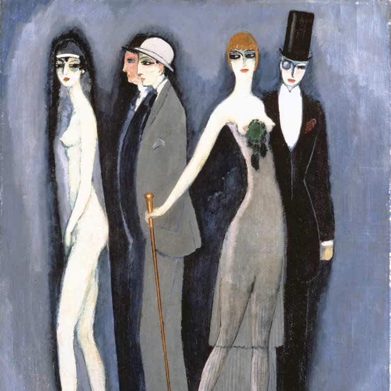Four elegantly dressed figures stand against a blue background, showcasing 1920s fashion with distinct facial features.